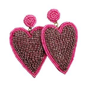 Pink Beaded Heart Statement Earrings Boho Valentines Day 3" Drop Lightweight NEW